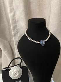 Chanel blue heart pearl rhinestone necklace-0074