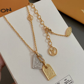 Louis Vuitton LV engraved letter flower gold and silver double shield necklace-0143  