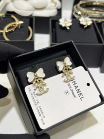 Chanel white glitter enamel bow gold full diamond double C earrings-0228