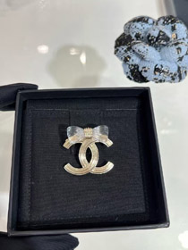 Chanel transparent acrylic bow gold double C brooch-0234