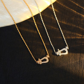 Feidan gold and silver horseshoe half diamond necklace-0257  